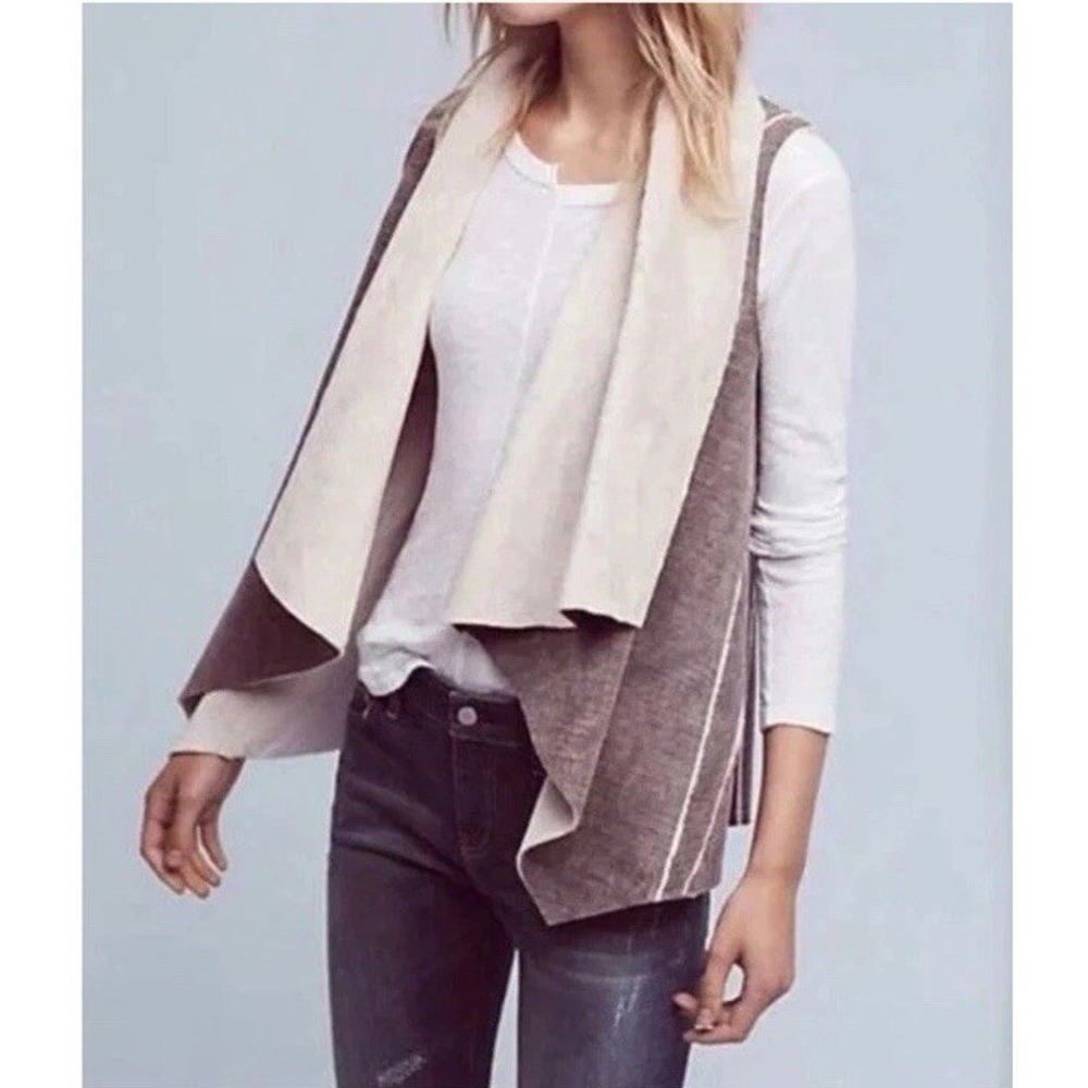 Amadi Anthropologie Kady Faux Suede Draped Sherpa Lined Vest Brown Gray S Small